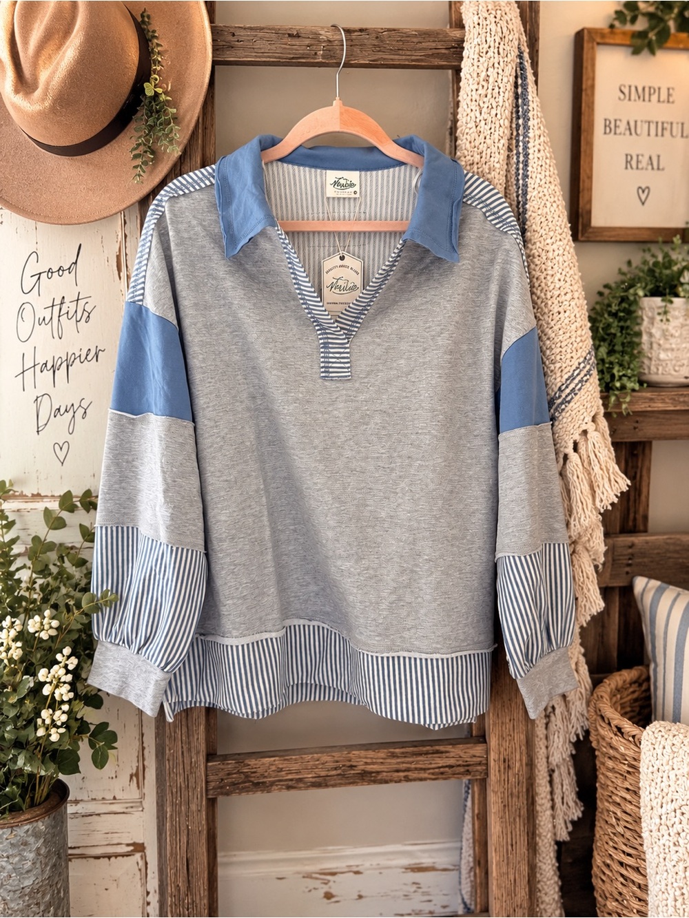Relaxed Layered-Collar Tunic in Gray & Blue by